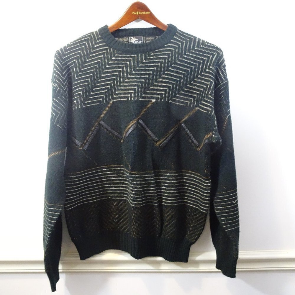 Alan Stuart Pullover Sweater Size Large Acrylic Leather Trim Chevron NEW